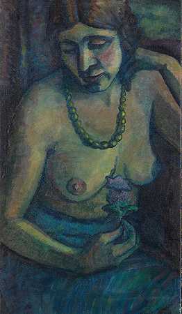 Selbstporträt在Blau（Halbakt Mit Perlenkette）`Selbstporträt in Blau (Halbakt mit Perlenkette) (1917~1922) by Dorothea Maetzel-Johannsen
