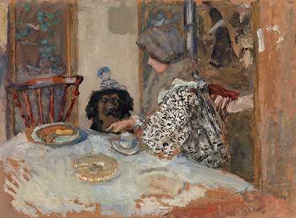 妇女和狗在桌上`Woman and Dog at Table (1908) by Pierre Bonnard