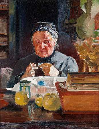 妇女在桌上，剪影`Woman at table, sketch (1900) by Jacek Malczewski