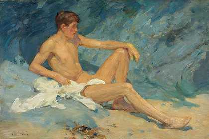 在岩石上的男性裸体斜倚`A male nude reclining on rocks by Henry Scott Tuke