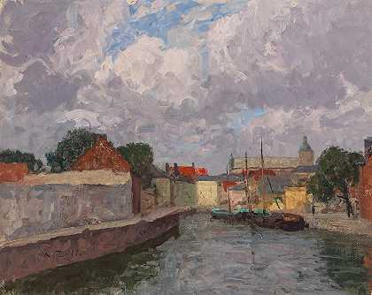 一个小船前的运河`A Canal with Boats before a Town by Alfred Zoff