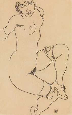 在鞋子和长袜的裸体`Seated Nude in Shoes and Stockings (1918) by Egon Schiele