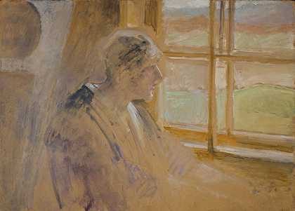 窗口里的女人的剪影`Sketch of a woman in the window by Jacek Malczewski