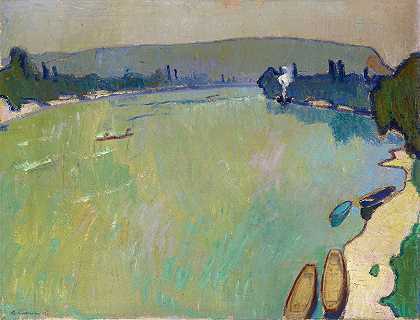 横向莱茵河（从桥梁的看法）`Landscape At The Rhine (View From The Bridge) (1913) by Arnold Fiechter