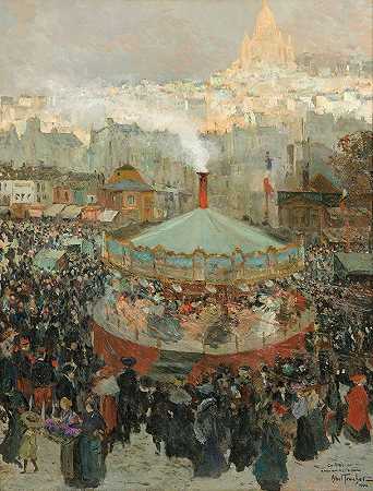 与神圣的心脏的架空地面在背景中`Fairground With The Sacré~Coeur In The Background (1904) by Louis Abel-Truchet