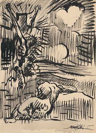Ležiacipred Krucifixom`Ležiaci pred krucifixom (1930~1945) by Arnold Peter Weisz-Kubínčan