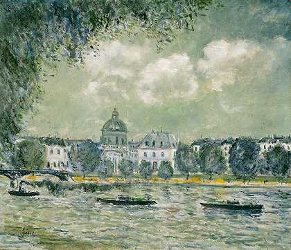 沿着塞纳河的景观与法国学会和Pont des艺术`Landscape along the Seine with the Institut de France and the Pont des Arts (c. 1875) by Alfred Sisley
