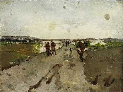 沃尔斯多普附近的景观，士兵一架机动`Landscape near Waalsdorp, with Soldiers on Maneuver (c. 1880 c. 1923) by George Hendrik Breitner