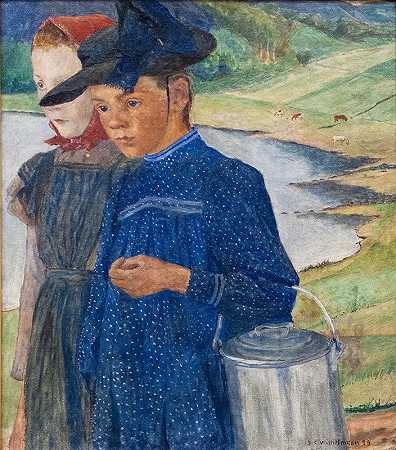 两个女孩在路上`Two Girls on the Road (1899) by Carl Wilhelmson