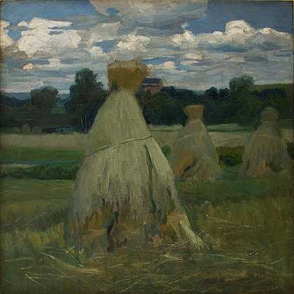 瑞克在风景的玉米`Ricks of Corn in a Landscape (1903) by Stanisław Kamocki