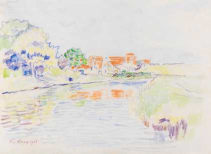 `Kanal zwischen Wäldchen und Wiesen vor einem Dorf mit roten Dächern (1905) by Paul Baum