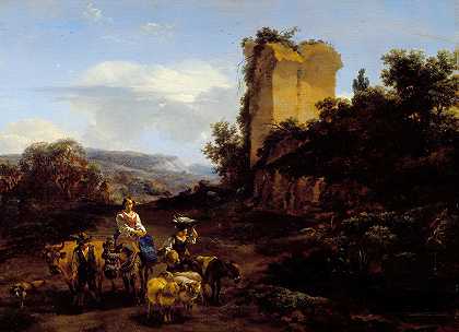 `Landscape with Ruins and Travelers (1654) by Nicolaes Pietersz. Berchem