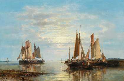 在一个平静的海的帆船`Sailing Boats On A Calm Sea by Abraham Hulk