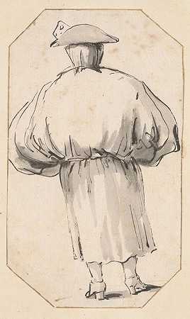一个人的漫画在一件巨大的礼服，从后面看`Caricature of a Person in a Voluminous Gown, Seen from Behind (1760) by Giovanni Battista Tiepolo