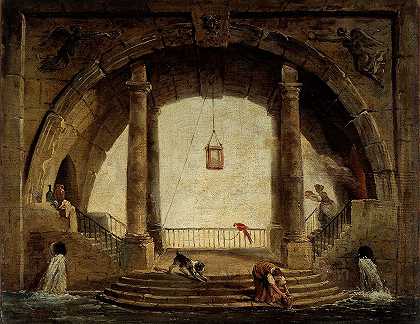 喷泉`La Fontaine (18th century) by Hubert Robert