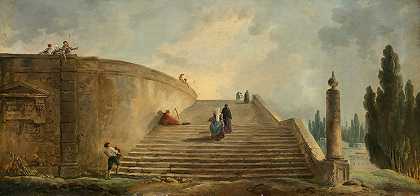 一个大型楼梯`A Grand Staircase (1763) by Hubert Robert