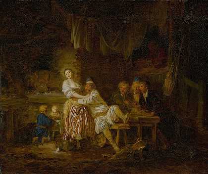 一群人聚集在一个小酒馆，在中心有一个诱人和卑鄙的老板`A group of figures gathered in a tavern, with a barmaid and lustful patron at center (1771) by Jean-Baptiste Leprince