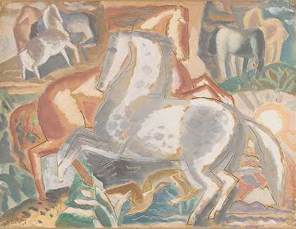 帕登在Landschap.`Paarden in landschap (1928) by Leo Gestel