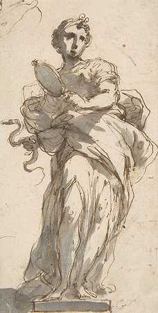 用左上角的草图设计设计雕像`Design for a Statue of Prudence with Sketches at Upper Left Corner by Giuseppe Bernardino Bison