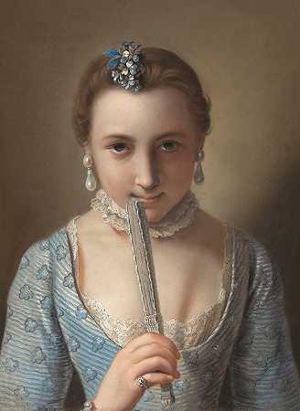 有爱好者的少妇`Young Woman with a Fan (early 1750s) by Pietro Rotari