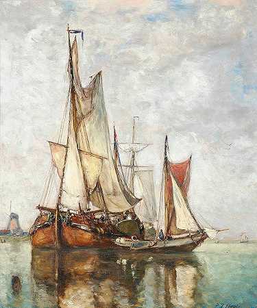 驳船在风车前停泊`Barges Moored Before A Windmill by Paul Jean Clays