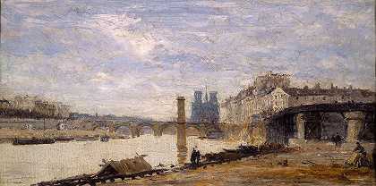 从洛维尔岛看的St. Louis岛和雅斯塔岛的Tournelle Bridge。`Le Pont de la Tournelle, lIle Saint~Louis et lEstacade, vus de lîle Louviers. (1877) by Charles-Emile Cuisin