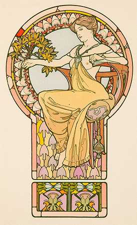 坐着的女人，装饰文件的48号盘子`Seated Woman, plate no. 48 from Documents Décoratifs (1901) by Alphonse Mucha