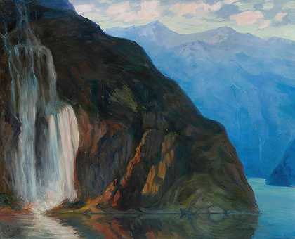 瀑布景观`Landscape with a waterfall (1928) by Kazimierz Stabrowski