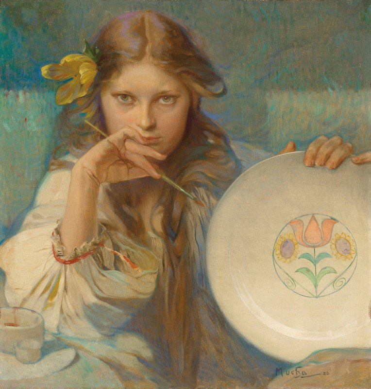 `Girl with a Plate with a Folk Motif (1920) -