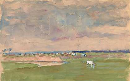 牧场上有马和牛的夏季景观`Pejzaż letni z koniem i krowami na pastwisku by Ivan Ivanec