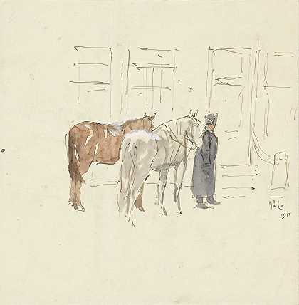 一名男子在一座建筑物前骑着两匹马`Man met twee paarden voor een gebouw (1915) by Adolf le Comte