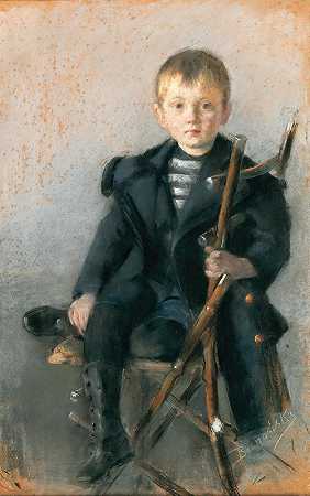 一个金发男孩的肖像和一件带金色纽扣的黑色外套`A portrait of a blond boy and black coat with gold button by Olga Boznanska