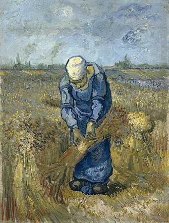 农妇捆禾捆（小米后）`Peasant Woman Binding Sheaves (After Millet) by Vincent van Gogh