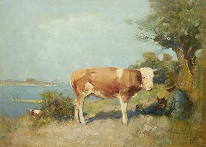 一头牛和一个牧民休息的风景`Landscape With A Cow And A Herdsman Resting by Gari Melchers