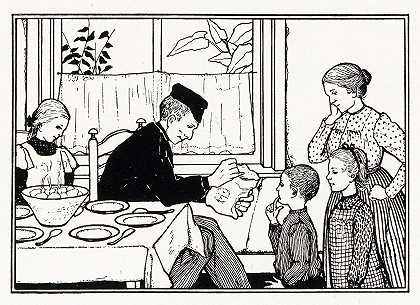 男孩和女孩给他们的父亲看一个包`Jongen en meisje tonen hun vader een zak (1887) by Julie de Graag