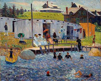 洗澡时间，新斯科舍省切斯特`The Bathing Hour, Chester, Nova Scotia (1910) by William James Glackens