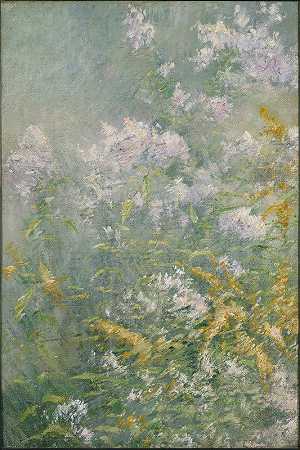 草甸花（金棒和野生紫菀）`Meadow Flowers (Golden Rod and Wild Aster) by John Henry Twachtman