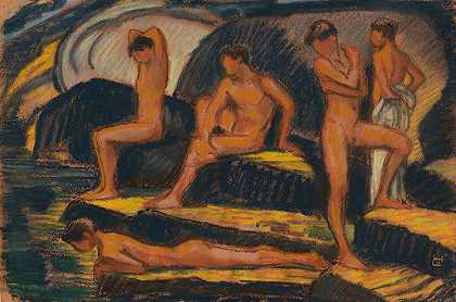 洗澡的男孩`Badende Jungen (1915) by Ludwig von Hofmann