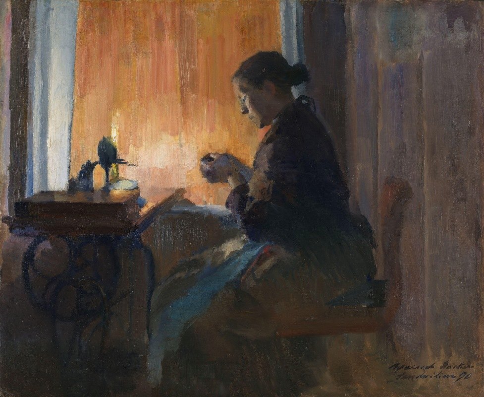 借着灯光`By Lamp Light (1890) by Harriet Backer