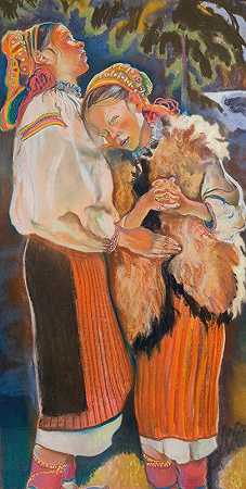 棕榈周日-三联画。胡苏尔女孩`Palm Sunday – triptych. Hutsul girls (1906) by Kazimierz Sichulski
