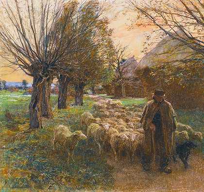 晚上牧羊人和他的羊群`Le berger et son troupeau, le soir by Léon Augustin Lhermitte