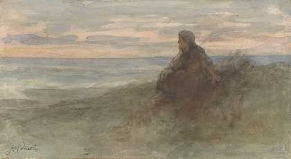 坐在海边沙丘上的女人`Zittende vrouw op een duin bij zee (c. 1834 c. 1911) by Jozef Israëls