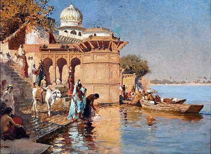 沿着加特河，马图拉`Along the Ghats, Mathura (circa 1880) by Edwin Lord Weeks