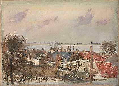 从罗斯基尔德到峡湾的景色`View from Roskilde towards the Fiord (1915) by L.A. Ring
