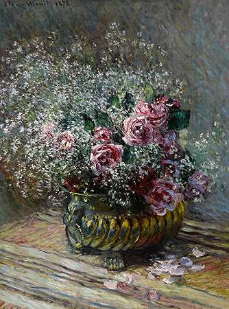 花盆里的花（玫瑰和雾）`Fleurs dans un pot (Roses et brouillard) (1878) by Claude Monet