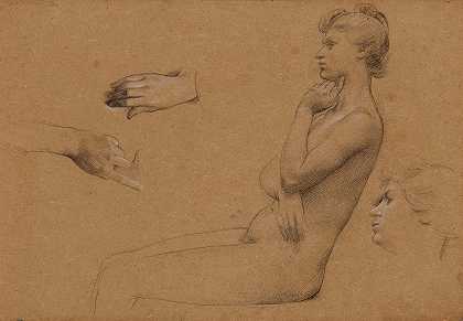 裸体女人坐着，手和脸都在书房里`Nu de femme assise, et étude de mains et de visage by Luc-Olivier Merson