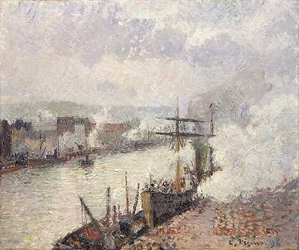 鲁昂港的汽船`Steamboats in the Port of Rouen (1896) by Camille Pissarro