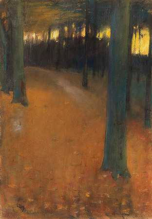 黄昏中的森林景观`Waldlandschaft im Abendlicht (1890) by Lesser Ury