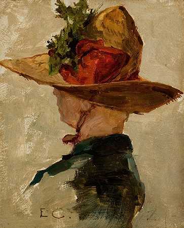 戴帽子的女人`Woman with a Hat (1881) by Emil Carlsen