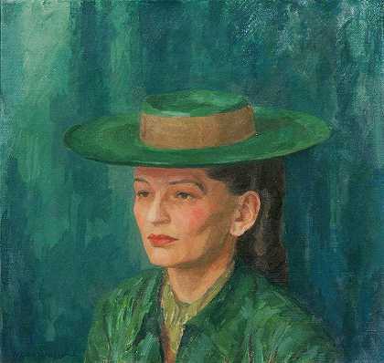 戴着绿色帽子的格雷特·加梅里斯`Grete Gamerith Mit Grünem Hut (1942) by Walther Gamerith